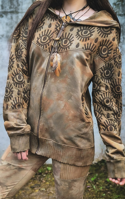 Tan Eyelet Kapuzensweatjacke