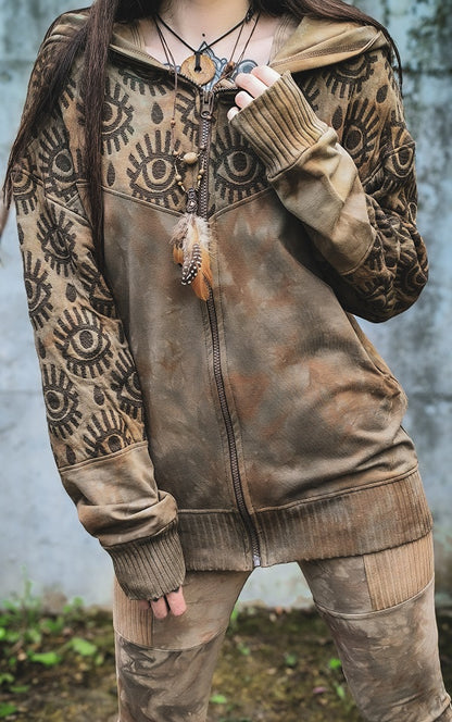 Tan Eyelet Kapuzensweatjacke