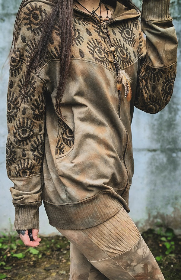 Tan Eyelet Kapuzensweatjacke