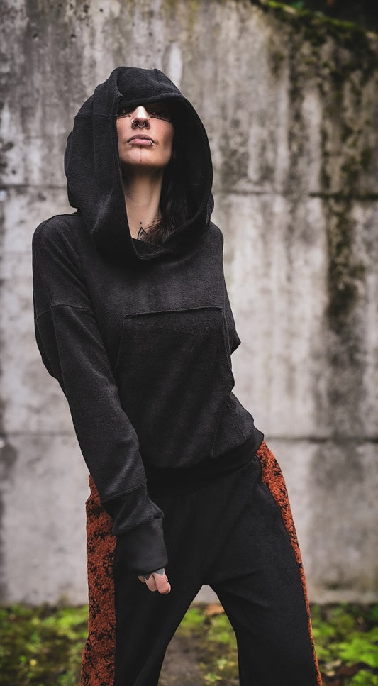 Frottee Crophoodie Schwarz