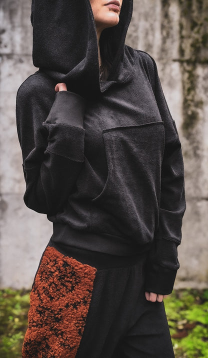 Frottee Crophoodie Schwarz